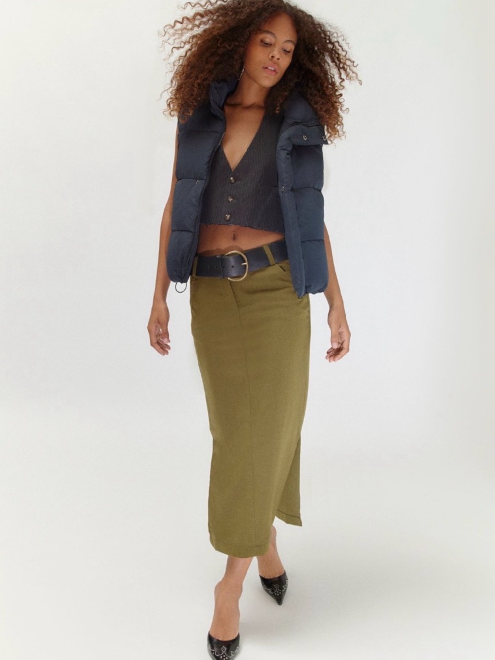 Urban Outfitters Olive Midi Pencil Skirt with Side Slits - Picture 3 of 5